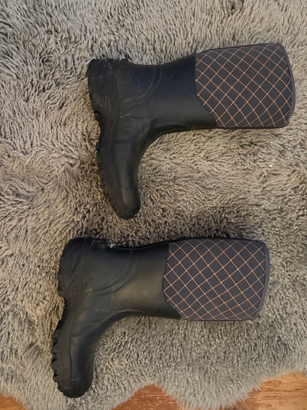 Itasca Black Rain Boots with Brown Diamond-Print Cuffs